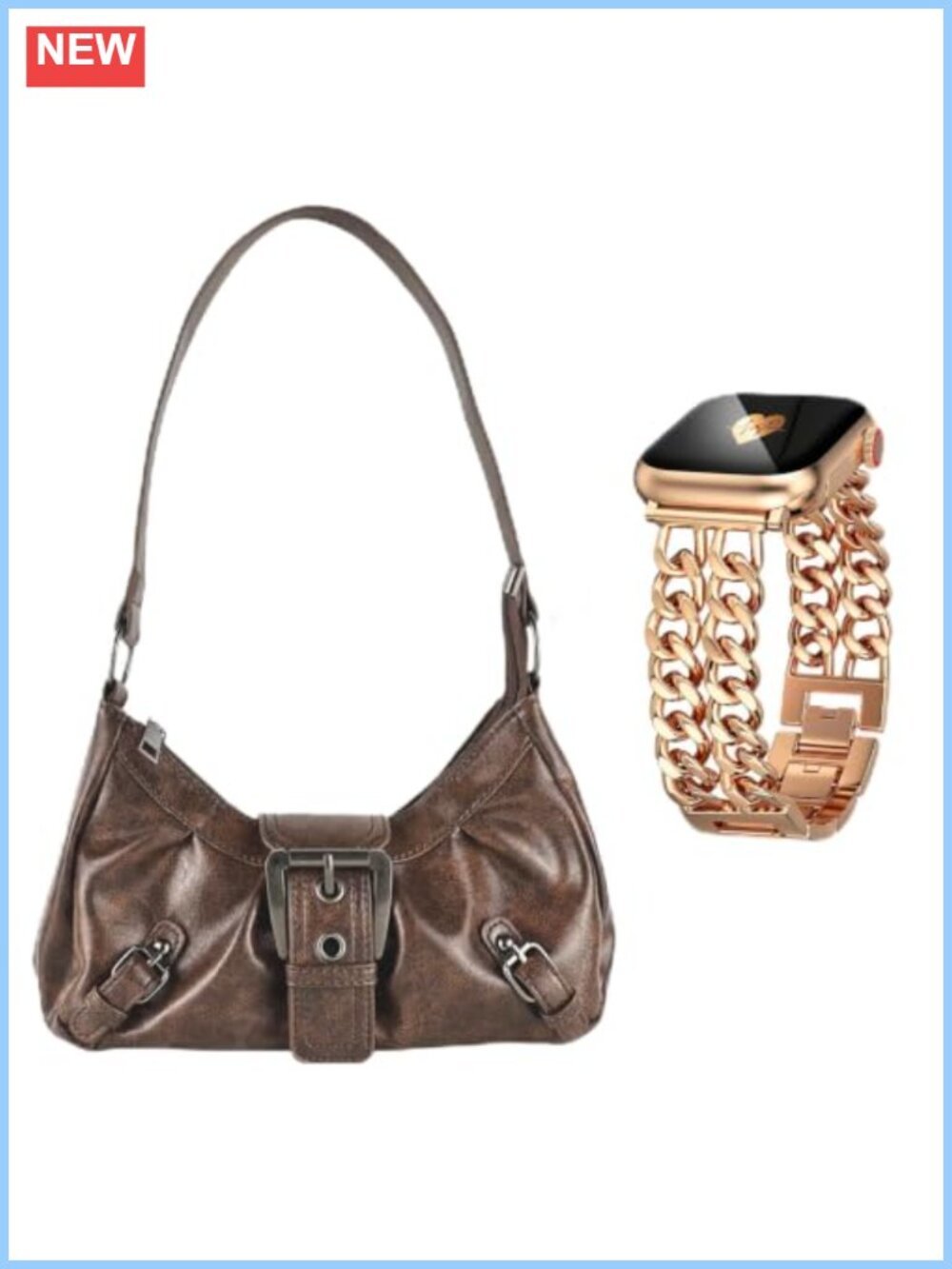 Crescent Shoulder Bag and Double Chain Watch Band Set Vegan PU Leather